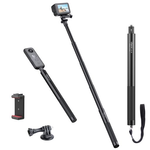 Ulanzi121cmアクションカメラ自撮り棒目に見えない自撮り棒1/4インチネジ長さ29.5cmから121cmまで調節可能5階伸縮折りたたみコンパクトアルミ製+シリコーン延長一脚ポール超長軽量伸縮自由持…
