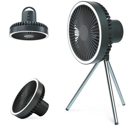 KANIYAキャンプ扇風機【10000mAh電池内蔵】LEDライト付き35時間連続使用可能多機能1台3役【卓上・吊り下げ・スタンド式】風量3段階調節Type-C充電小型軽量静音省エネ熱中症対策(ダークグレー)