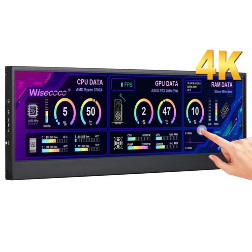 wisecoco 14インチ バータイプ液晶モニター 4K UHD IPS 3840x1100 タッチパネル搭載 スピーカー内蔵 PC CPU RAM HDDデータ表示 ミニHDMI搭載 縦横回転 10ポイントタッチ 60 Hz AIDA64用