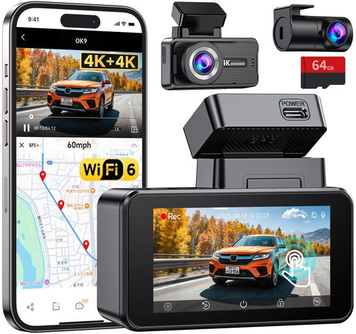 OKYESドライブレコーダー4K前後カメラGPS搭載12-24v対応一体型wifi取付簡単小型ドラレコ広角レンズ無線..