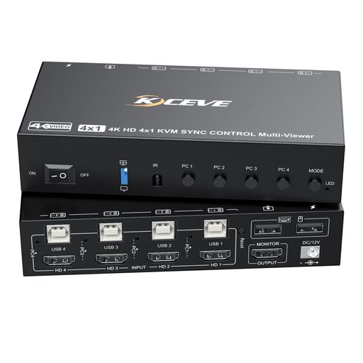 KCEVE 4K シームレスKVMスイッチ 4入力1出力 高速切替機能 1秒で瞬時に切り替え ホットキー HDMI KVM切替器 キーボード マウスを4PCで共有 PC/Mac/Window/防犯カメラなど対応 画面分割モード付き