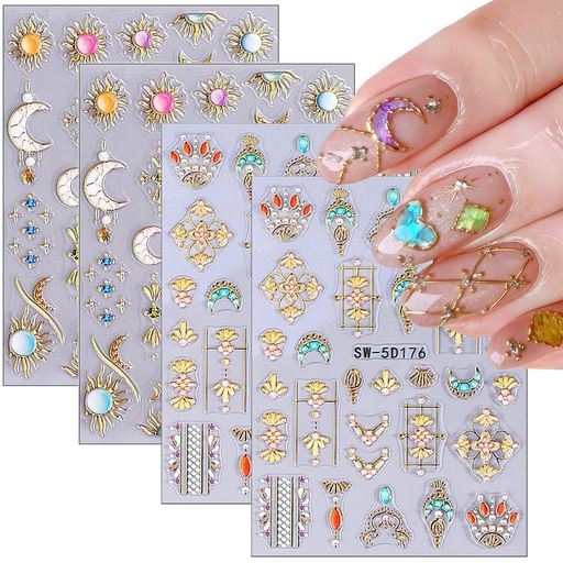 Honnydendネイルシール4枚セッ5D日月復古ネイルアートステッカー自己粘着ネイルデコレーション用女の子極薄ダイヤモンド飾りお洒落人気DIYネイルデカール