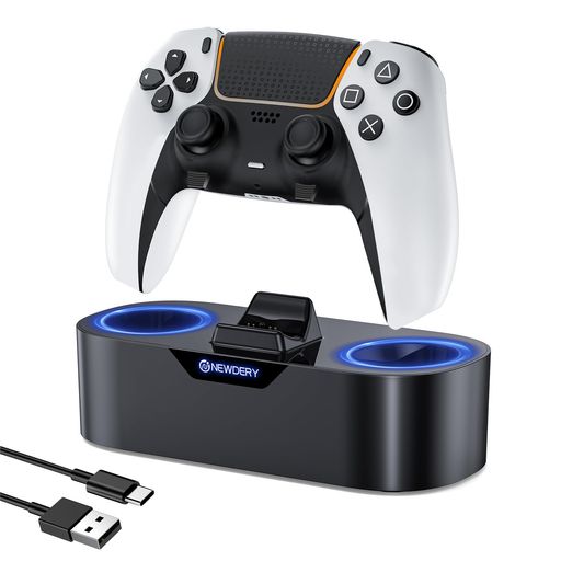NEWDERY PS5 コントローラー用 充電スタンド PS5 コントローラー edge用 充電器 収納スタンド 急速充電 周辺機器 アクセサリ USB-Cケーブル付属 LED指示ランプ付き 過充電防止 コンパクト 軽量 ブ…