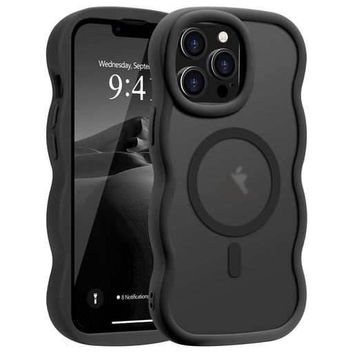 PepmuneiPhone13Pro用ケースMagSafe対応ウェーブ半透明滑り止めおしゃれ可愛い韓国耐衝撃指紋防止ワイヤレス充電スマホケースストラップホール付き(ブラック)
