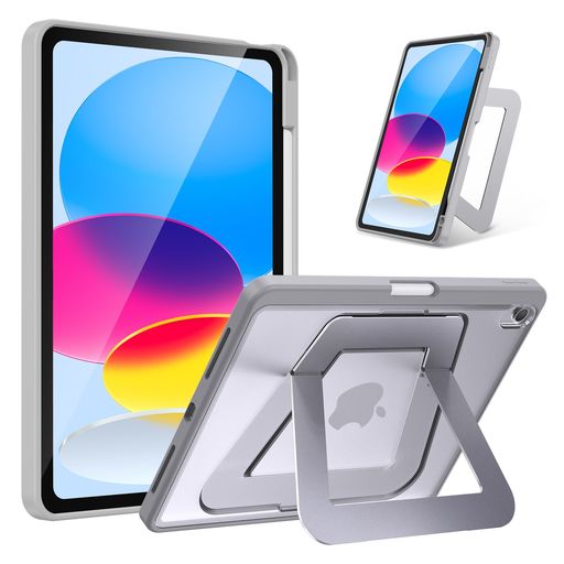 【米軍MIL規格・縦置き/横置きスタンド】iPadA16ケース第11世代(2025)/第10世代(2022)対応専用カバーアルミ調節式縦横スタンドペンシルホルダー付き薄型軽量耐衝撃半透明カバー(グレー)