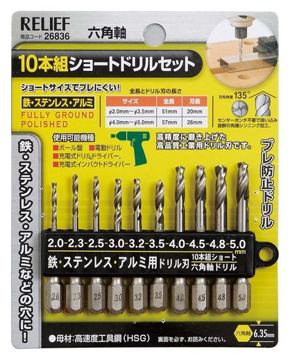Rakuten - イチネンアクセスRELIEF(リリーフ)鉄工ドリル10本組六角軸ショートドリルセット26836鉄工用