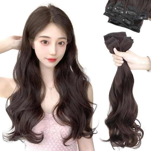 AISIHAIRエクステウィッグ襟足ロングワンタッチブラウン巻き髪ハーフウィッグ通気耐熱6枚セットふわふわ自然韓国風巻き髪成人式ノーマルクリップ付け装着簡単