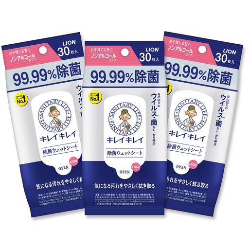 商品サイズ(幅x奥行x高さ):240x37x180MM 原産国:日本 内容量:30枚x3 材質:レーヨン/PP/PE デリケートな肌にも使いやすいノンアルコール処方 身のまわり品に対して99.99%の除菌性能 大きめのメッシュシート