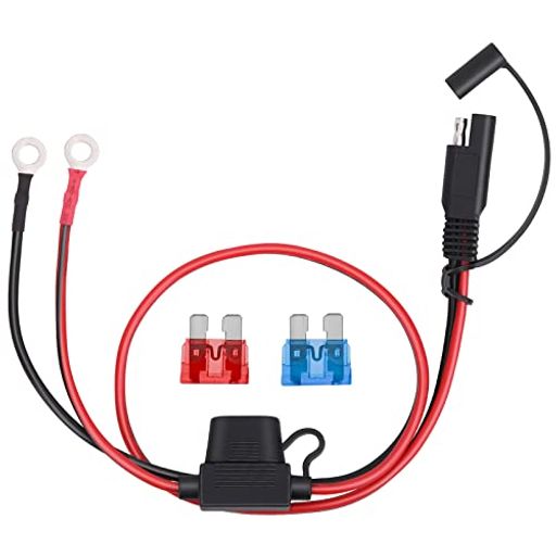 12V/24バッテリーにネジで取り付け、簡単にバッテリーを充電したり、バッテリーから電力を得ることができます。 車、バイク、トラクター、芝刈り機、ソーラーバッテリーなどに素早く接続できる。 長さ:60CM 10Aヒューズ付き16AWG (1.31mm2)ワイヤ,予備ヒューズ2個付き(15A、10A) オートバイやスノーモービル用のほとんどの加熱スーツに対応する2ピンクイックディスコネクトプラグ 取り付けられた耐候性ダストカバーは、雨滴やほこりから2ピンクイックディスコネクトSAE端子を保護します アクセスしにくいバッテリーに便利