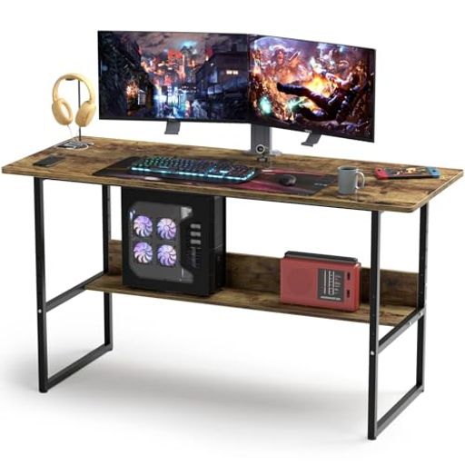 Other - DEWELゲーミングパソコンデスク収納ラック付きテレワーク用pcデスク耐荷重65kgシンプル広いpcワークオフィスアジャスター付き収納つきデスク勉強勉強机木製シンプル木目柄メラミン加工…