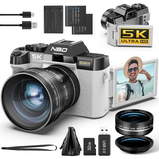 【5K動画・6400万画素写真・4K/60FPS対応】5K/30FPS動画、最大6400万画素写真、4K/60FPS撮影に対応。オートフォーカスとF1.8レンズにより、旅行、家族写真、日常記録、Vlogなどをきれいに残せます。 【180°回転モニター&amp;Wi-Fiアプリ連携】3インチIPSモニターは180°回転でき、自撮り、Vlog、旅行動画の撮影に便利です。Wi-Fiとアプリ機能で、撮影、設定、リアルタイムプレビュー、再生をより快適に行えます。 【広角・マクロレンズ&amp;16倍デジタルズーム】52mm広角レンズは風景、集合写真、旅行先の街並み撮影に便利です。マクロレンズは花、料理、小物、細部の撮影に適しています。16倍デジタルズームにより、離れた被写体も引き寄せて撮影できます。 【軽量で持ち運びやすい旅行カメラ】Vlog、自撮り、家族写真、旅行記録、SNS用の短い動画など、日常のさまざまなシーンに使いやすいカメラです。バッテリー2個付きで、外出先でも使いやすくなっています。
