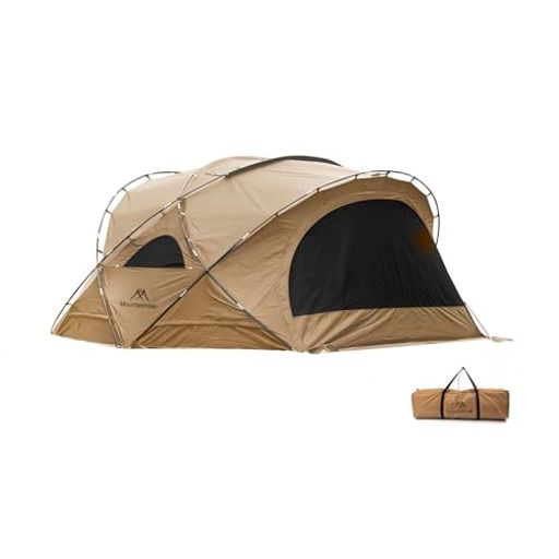 製品寸法: MOUNTAINHIKER Dome ドームテント 長さ約400cm、幅約300cm、高さ約180cmの大型テントです。煙突穴、ドア、窓が付いているのでアウトドアテントとしてだけでなくターポリンシェードとしても使用でき、簡易ベッドなど複数の家具を収納でき、最大4~6人まで宿泊可能です 高強度素材:テント本体は210Dオックスフォードポリエステルターポリンで作られており、破れにくく、しわになりにくく、耐摩耗性に優れています。 3層シルバーコーティング、防水深さ3000mmを超えます。 UPF50+の高い日焼け防止指数を持ち、雨や雪の季節を含むオールシーズンに適しています 製品デザイン:クールな半球形の要塞で、前後にドアがあります。ドアは二重構造で、カーテンとスクリーンが一体化しており、ジッパー式です。側面には小さな窓もあり、良好な通風性を確保しています。内部には煙突口があり、テント内で料理や暖房を行うことができます。耐久性を重視しているため、テント生地はナイロンよりも耐引裂性に優れ、透気性や厚みもあるオックスフォードポリエステルを使用しており、さらに3層の銀コーティングで防水性も充実しています。