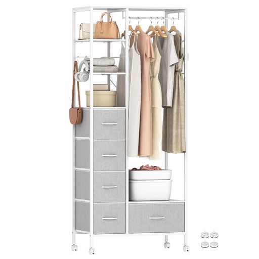 LunarLightハンガーラックワードローブ引き出し付き大容量頑丈全体耐荷重200kgキャスター付き棚板可動..