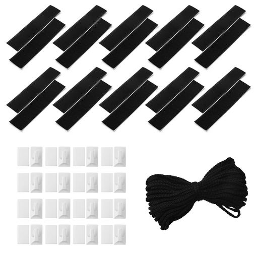 プロジェクタースクリーン取付部品セットマジックテープ拡張版x10組-フックx16個-ひも約12m