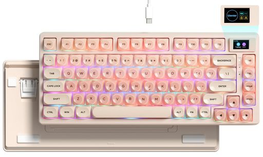Womier SK80 75%メカニカルゲーミングキーボード、カラーマルチメディアディスプレイ付き、ピンククリームキー、ジェリーMOAプロファイルキーキャップ