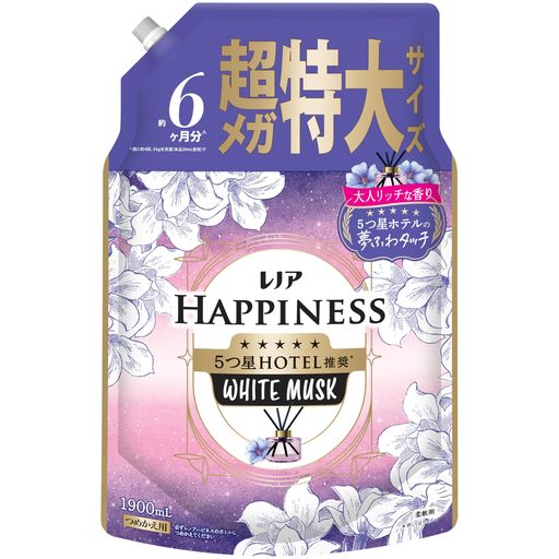 ソフトニング 新レノアハピネス夢ふわタッチは、洗濯するたび気になる衣類のダメージまで防ぐ。Tシャツの首元のヨレやニットの毛玉を防いで*、5つ星ホテルも認めたなめらかな肌ざわりが続きます。(*新品から複数回洗濯した場合。当社洗剤比。詳しくはWEBへ) レノアハピネス夢ふわタッチは、5つ星ホテルも認めた香りも肌ざわり。レノアハピネス夢ふわタッチで、おうちにいながら5つ星ホテルの贅沢を体験してください。 秋冬は乾燥しやすいから、ニットのゴワゴワ・チクチクが気になりがち...新レノアハピネス夢ふわタッチなら、衣類をシルクの様になめらかに洗い上げるから、ニットももうチクチクしない* (*コットンニットで検証) 最高量*1の柔軟成分を配合しているから、5つ星ホテルタオルのような肌ざわりを83%が実感*2しています。(*1 過去10年レノアハピネスにおいて、*2 「華やかに香るアンティークローズの香り」使用。P&amp;G消費者調査[N=108]による) レノアハピネス夢ふわタッチなら5つ星ホテルも認める贅沢な香りが1週間*楽しめます。