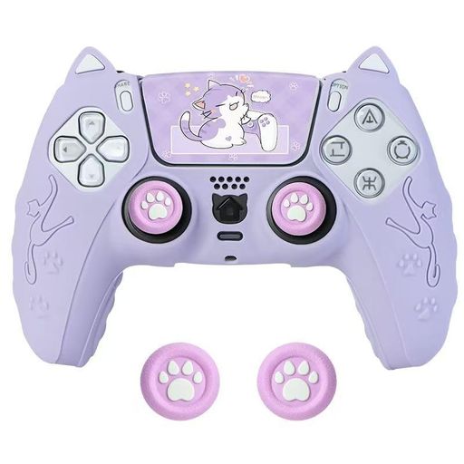 PS5 コントローラー用保護カバー 猫耳シリコンケース 滑り止め 汗防止 防塵 ステッカー&ロッカーキャップ付 (Purple)
