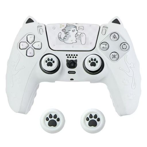 PS5 コントローラー用保護カバー、猫耳シリコンケース 滑り止め 汗防止 防塵 ステッカー&ロッカーキャップ付 (White)