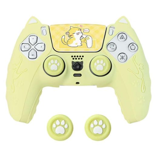 PS5 コントローラー用保護カバー 猫耳シリコンケース 滑り止め 汗防止 防塵 ステッカー&ロッカーキャップ付 (Yellow)