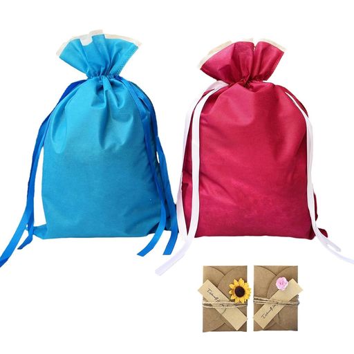 贈り物に最適:2枚ラッピング袋大(スカイブルー、ワインレッド)!様々な用途に使える。お菓子や小物などちょっとした贈り物や。雑貨店、フリマのショップ袋としても使えますし、結婚披露宴、出産祝い、学校の卒園式などの行事にも。ハンドメイド品のパッケージ品としてもおすすめです。 サイズ:巾着袋、タテ約40cmx幅約26cm。不織布に特殊なアルミ加工を施してるので中身が透けにくくなっています。ちょうど良い大きさで大切な方への贈り物にピッタリです。 シンプル:バレンタインラッピング紙袋、フチがありませんので、どんなサイズの箱でも心配なく入れます。丈夫で柔らかいリボン付きで、ギフトを入れてリボンを締まるだけでプレゼントが仕上がります。 高級感!シンプルでお洒落:優しい手触りのプレゼント袋。高級感のある質感と色合い。プレゼントやギフトを引き立てるシンプルなデザインです。上品な光沢がある不織布のラッピングで、男女問わず和洋どちらのギフトにも合います。送るほうも贈られる方も嬉しいギフトラッピング袋です。