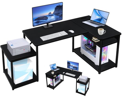 AvocahomL字デスクパソコンデスク左右組み換え可能幅150cm奥行80cm高さ73cmコーナー机ラックつき棚高さ調節可能プリンター台付きコンセント付きゲーミングデスク学習机作業机ワークデスクPC…