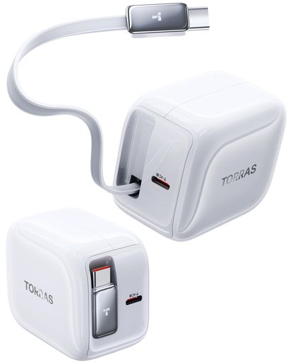 TORRASFlexLine40W急速充電器巻き取り式type-c2ポートケーブルー体型GaNIII技術折畳み式プラグPD/QC3.0/PPS規格対応iPhone/iPad/Android/Switchなど対応
