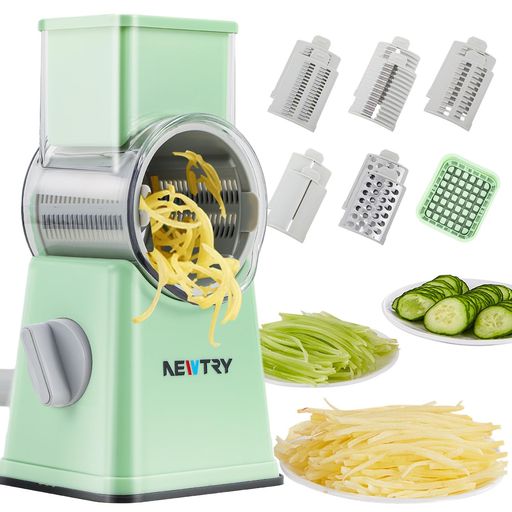 其它 - NEWTRY 野菜スライサー 野菜カッター 手動 手回し式 大口径 多機能 1台6役 輪切り/細切り/千切り/粗挽き/波型切り/角切り 野菜 果物 大根/ジャガイモ/ナッツなど用 吸盤ベース (緑)