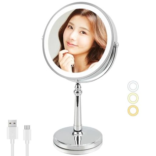 AMZTOLIFE 女優ミラー 9インチ大鏡面 LEDライト付き 化粧鏡 10倍拡大鏡 3色調節 無段階調光 USB充電式 コードレス 360度回転 タッチ式 自然光再現 高色彩還元 鏡 卓上 スタンドミラー (シルバー)