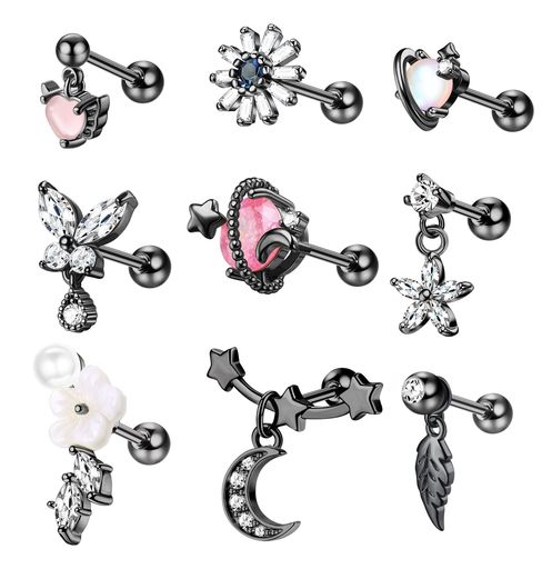 オラジオ【9点セット】 ボディピアス 16G 花 軟骨ピアス レディース ジルコニア ピアス 可愛い 星 月 ハート ヘリックス ピアス ネジ式 サージカルステンレス 金属アレルギー対応 (ブラック)
