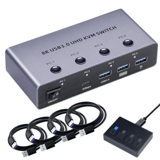 【HDMI KVM切替器 PC4台用】4台までのパソコンを、1セットのコンソール(キーボード・ディスプレイ・マウス)から操作できるPC切替器(CPU切替器)です。それぞれのPCにディスプレイを用意する必要がなく、コストの削減とデスク周りの省スペース化を実現します。快適で効率よく仕事もはかどります。 【8K@60Hz/4K@120Hz対応】本機を通しても画質&amp;リフレッシュレートを落とさずに、滑らかに超高精細な映像を映り出せます。遅延(ラグ)も心配なく、素通りのままです。(※4K120Hzでの接続には、UltraハイスピードHDMIケーブルを必ずご使用ください) 【USB3.0 x4搭載】4つのUSB3.0ポートに、マウス・キーボード(ワイヤレスも可)はもちろん、更にプリンターやUSBメモリと言った様々なUSB機器を共有することもできます。(▲注意:メカニカルキーボード(高電力消費)は確実に使用できることを保証しません。) 【ドライバー不要】ソフトウェアのインストールが不要で接続するだけで切り替えて使用することができます。パソコンの切替は、本体ボタンと手元ボタンの2種類です。