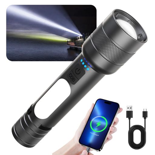 懐中電灯強力防災【白色/赤色/青色のCOB作業灯付き】超高輝度ハンディライト9モード調光Type-CUSB充電式IP56防水防塵軽量小型大容量最強LED高輝度SOSフラッシュライトズーム式アルミニウム…