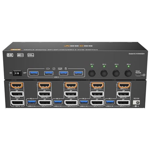 8K KVM切替器 4PC 3モニター、ミラー/拡張モード HDMI + DPポート (8K@30Hz/4k@144Hz) USB3.0ポート KVM Switch PC4台とディスプレイ3台対応 キーボード、マウスを4PCで共有 ドライバー不要