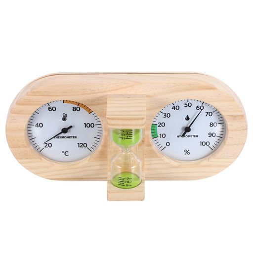 【サウナ室の必須アイテムが「3in1」に】 サイズ:幅約29cm x 高さ約14cm x 奥行約8.3cm。サウナに欠かせない「温度計(20〜120°C)」「湿度計(0〜100%)」「砂時計」が1つの木製ボードにまとまった、実用的でおしゃれな壁掛け式の一体型アイテムです。 【電池不要!過酷な環境に耐えるアナログ・耐熱設計】電源や電池が一切不要な完全アナログ式。高温多湿なサウナ室内でも に使用できる、耐久性に優れた天然木と耐熱ガラスを採用しています。 【サウナの「ととのい」をサポートする、回転式「15分砂時計」】 中央には、視認性の高い鮮やかなグリーンの砂を使った回転式の砂時計を配置。ガラス管の横には「5分・10分・15分」のメモリが印字されており、サウナ室での滞在時間を正確に把握し、無理のないあんぜんなサウナ浴をサポートします。 【インテリアに馴染む、温もりあふれる天然木デザイン】 プラスチック製や冷たいデジタル表示にはない、木製ならではの温かみとリラックス効果が魅力。