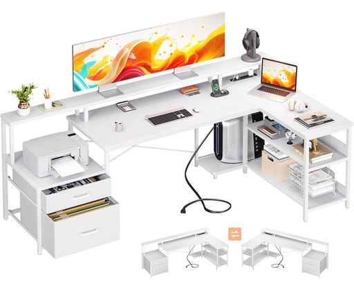 ODKパソコンデスク引き出し2杯ゲーミングデスクコンセント付きl字デスク棚付き机deskpcデスク勉強机オフィスワーク幅172事務机在宅勤務組立簡単ホワイト