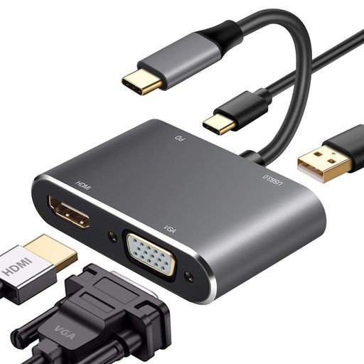 【USB C ハブ4in1】Type-CハブはHDMIポート+VGAポート+USB3.0ポート+USB-Cポートを備え、MacBook/ MacBook Pro/ChromeBook/Surface Go/Samsung /Huawei/Nintendo SwitchなどType-Cポートを搭載するデバイスに最適なUSB Cハブです。この各種ポートを持つUSB C ハブはポート不足のデバイスにとって非常に有用である。 【usb type c HDMI vga 4k高解像度】このUSBタイプC HDMI VGA変換アダプターは、4K@(3840x2160P)30Hzの最大解像度に達し、PCの画面をより大きい画面で綺麗に表示出来ます。映画や仕事で高品質の画面を楽しむのに役立ちます。これはHDMIとVGAを同時に出力できるドッキングステーション です。 【高速伝送とPD急速充電】usb type c ハブ は、データ同期と充電が可能です。5Gbpsまで高速データ伝送します。マウス、キーボード、リムーバブルハードドライブまたはほかのUSBデバイスに対応しています。