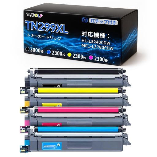 ブラザー Brother用 TN299XL 互換トナーカートリッジ 4色セット HL-L3240CDW MFC-L3780CDWプリンターに対応 大容量 残量表示ICチップ搭載 ブラック3000枚/カラー2300枚印刷可能【TUDOLP】