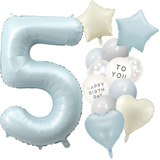 Rakuten - Iysoll5歳バルーン誕生日飾り付け数字バルーンセット大きいナンバーバルーンバースデー飾り5風船子供誕生日お祝い男の子女の子くすみブルー