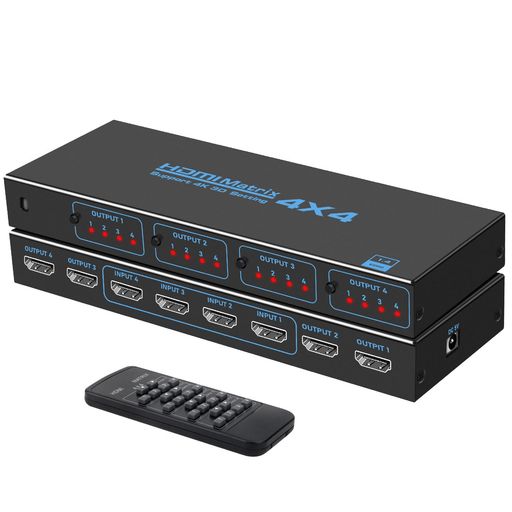 【HDMIマトリックス 4入力4出力】この HDMI マトリックス スイッチ 4x4 は、4 つの HD 信号源を、4 つの HD ディスプレイ端子に接続できます。このHDMIマトリックスにより、4 つの HDMI デバイスを 4 つの HDMI 互換モニターまたはプロジェクターに簡単に切り替えたり分割したりできます。HDMI 1.4、1080P@60Hz、3D、YUV 4:2:0 に対応しています。このHDMI マトリックスは、手動ボタン切り替えとIRリモコンで制御できます。 【4K@30Hz UHD高解像度対応】4K@30Hz UHD(3840*2160@30Hz /10.2Gbps)、3D映像やHDCP1.4に対応しており、美しく高精細な4K映像を劣化なく出力できます。プロジェクターやサブモニターなど、4台のモニターに自在に出力させる場合に適します。 【EDID管理は不要】このHDMIマトリックス4x4はEDID管理が不要です。ディスプレイやモニターを4台接続する場合。この HDMI マトリックスは、4 台のモニターの最低解像度を認識します。