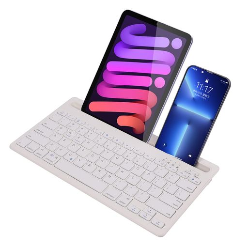 【Bluetoothワイヤレスキーボード&amp;2台同時接続】Bluetoothに接続されたワイヤレスBluetoothキーボードで、スマホ、タブレットなど2台のデバイスを同時に接続できるBluetoothキーボード。キーボードにはデバイス切替ボタンもあり、ワンクリックで切り替えることができ、作業を容易にすることができます。 【スタンド機能付き】キーボード上部にスロットがあるワイヤレスキーボードは、使用中のスマートフォンやタブレットを真ん中に立てることができ、画面を見ながら文字を入力することができ、映画やタイピングに便利です。 【iOS/Android/Windows対応】Bluetoothデバイスを2台接続できるスマートタブレットキーボードです。iOS/Android/Windowsシステムをサポートしています。接続が成功すると、ch1-ch2のキーを押してデバイスを切り替えることができます。複雑な操作が不要で、とても便利です。 【USB給電】電池を取り付ける必要がなく、USB充電を採用し、USB充電ケーブルも付属しています。3時間フル充電後、80時間の連続使用が可能で、待機時間は最大6ヶ月です。