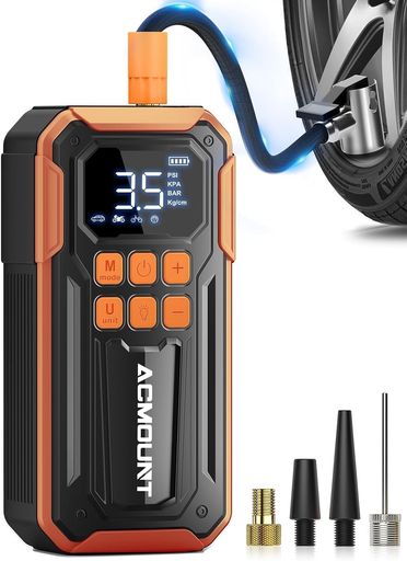 【30L/分の高速充填|最大160PSI対応】 Acmountの電動空気入れは、高性能チップとパワフルモーターを搭載し、最大160PSIの高圧充填に対応しています。毎分30Lの高速充填により、乗用車タイヤ(25~36PSI)なら約1分、空気が完全に抜けた状態でも約5分で充填可能です。日常のタイヤメンテナンスはもちろん、急な空気不足や緊急時にも安心してご使用いただけます。 【10000mAh大容量バッテリー|コードレス設計】 10000mAhの大容量バッテリーを内蔵し、満充電時には205/65R15タイヤを最大4本まで連続で充填できます。コードレス仕様のため、自宅・外出先・キャンプ・ドライブ先など場所を選ばず便利にお使いいただけます。さらに、USB-C入力およびUSB出力に対応しており、スマートフォンなどの緊急充電にも活用できます。 【5種類モード搭載|幅広いシーンに対応】 「車」「バイク」「自転車」「ボール」「カスタム」の5つのモードを搭載しています。PSI・BAR・KPAの単位切替にも対応し、カスタムモードでは3~160PSIまで自由に設定可能です。