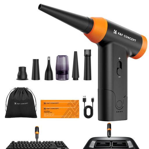 【超高速大風量・2in1吹ぎ吸い両用】従来のエアダスターと比べて、K&amp;F CONCEPTエアダスターは高性能ブラシレスモーターが採用しており、150000RPM超高速かつ54m/sの強風効果を実現します。更に、実用的な吹き吸い一体型デザインを採用しており、集塵箱を取り付けることで、瞬時に電動エアダスターからハンディクリーナー に変身します。これにより、パソコン周辺のゴミを取り除くだけでなく、残留しているホコリも吸い取ることができます。 【無段階風量調整・6個交換ノズル】このブロワーは使用場所によってお好みの風量強さがスムーズに調整出来る無段階速度調整モードです。同時に、6個交換ノズルが付き、幅広い用途に対応。洗車、BBQ、車内、キーボード、PC 掃除、ソファ、家具、窓、庭などの清掃に大活躍で、ほとんどの毎日の清掃ニーズと用途を簡単かつ効果的に満たすことができます。 【大容量バッテリー・USB-C充電式】従来の2500mAh容量電池と比べて、ブロワーはバッテリー容量の2倍(5000mAh)以上!フル充電しなら、最大約180分(3時間)で長時間使用できます。強風モードで約12分後にバッテリーが切れます。