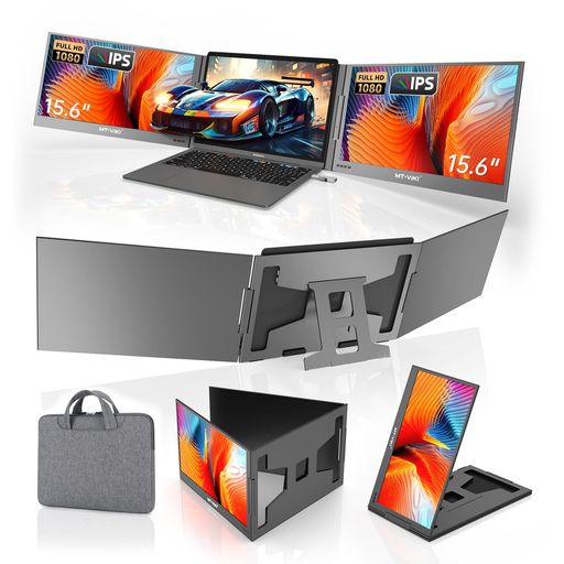 MT-VIKI15.6インチノートパソコン用デュアルモニター拡張スクリーン、3画面対応、FHDIPS解像度、ケーブル1本で接続、折りたたみ式、Windows/Mac対応