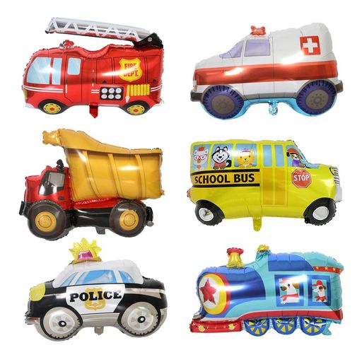 男の子乗り物バルーンアルミ風船巨大くるま車バルーン6体セット救急車パトカー消防車バス蒸気車働く誕生日飾り付け