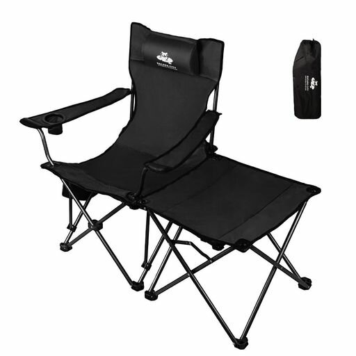 アウトドアチェア 折りたたみ 椅子 キャンプ リクライニングチェア アウトドア オットマン サイドテーブル付き (黒)