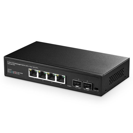 BINARDAT 4ポート2.5Gスイッチ、10G SFP X 2、2.5ギガビットRJ-45イーサネットポート X 4、VLAN対応、メタル製アンマネージドマルチギガビットデスクトップネットワークスイッチ