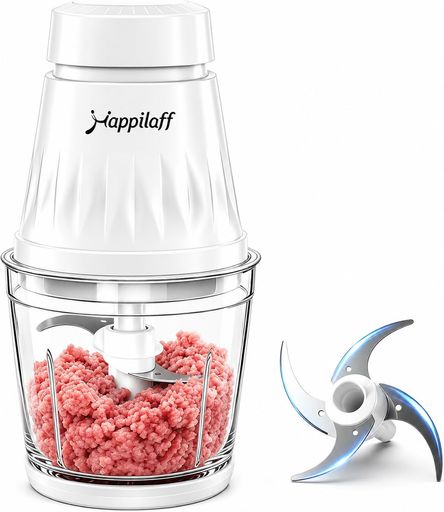 happilaffフードプロセッサー350Wハイパワー1台5役みじん切り器ステンレス4枚刃600mlガラスボウルミキサーチョッパー水洗い可能過熱保護コンパクト設計肉挽き/野菜切り/離乳食作りに最適家…