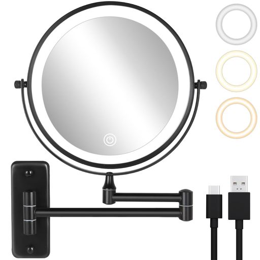 LunarCorky化粧鏡LEDライト付きミラー壁掛け10倍拡大鏡&等倍真実の両面化粧鏡寒暖自然色三色ライト調節無段階明るさ調節USB充電式2000mAh大容量360度回転伸縮アームミラー化粧髭剃り超省スペ…