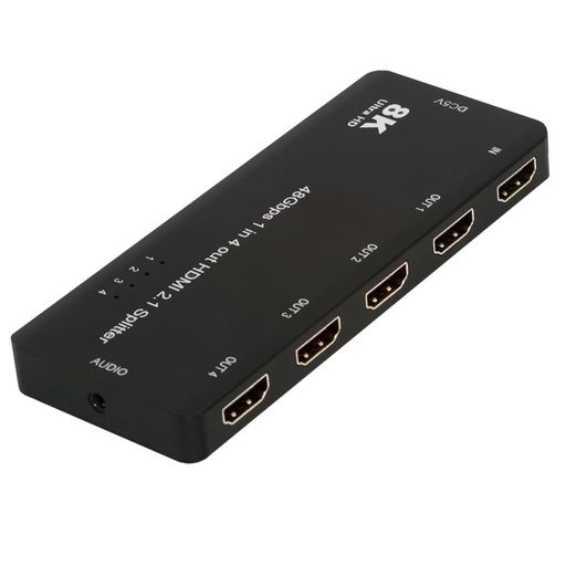1) 48GBPSの帯域幅を備えたHDMI 2.1 – 高速信号のシームレスな伝送を実現し、HDR、ドルビービジョン、3Dコンテンツに対応しています。視覚効果を楽しむには、別途標準のHDMI 2.1ケーブルを接続する必要があります。(HDMIケーブルは付属していません。) 2) 高度な HDCP および EDID 管理 - コンテンツ保護コンプライアンスを維持し、ハンドシェイクの問題を解決してスムーズなデバイス認識を実現します。 3) 耐久性の高いアルミニウムハウジングとプラグアンドプレイ – 耐熱金属ケースが長寿命を実現し、ドライバー不要のセットアップで瞬時に接続できます。外部5V USB-C電源が必要です。 4) 安定したミラー モード (1 入力から 4 出力)、HDMI 8K スイッチャーを使用すると、1 つの HDMI ソースを 4 つの HDMI ディスプレイに接続し、信号劣化なしに HDMI 信号を 2 つのディスプレイに同時に複製できます。