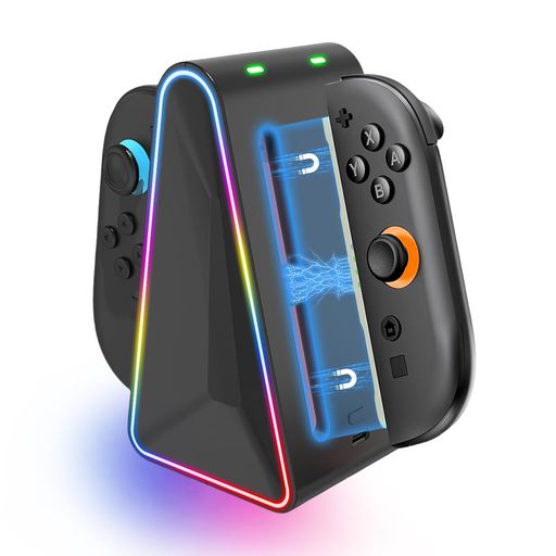 【4-in-1急速充電機能】 2~2.5時間で最大4台のSwitch 2用ジョ用イスティックコントローラーを同時に充電。従来のドックより最大35%高速。Switch 2 用コントローラー充電ステーションを使えば、コントローラーを自由に交換して充電でき、長時間待つことなくゲームをプレイできます。パーティーゲーム、家族ゲーム、ゲーム共有などに最適です。 【マグネット吸着|便利な充電】ジョイコン2 用充電スタンド switch 2用はマグネット吸着で設計され、一回押すだけでシームレスに装着できます。充電スタンドの対応する位置に置くだけで磁気充電が開始されるため、時間が節約され、ゲーム体験が向上し、非常に便利です。 【充電インジケーターLEDとRGB照明効果】スイッチ 2 用ジョイコン2用充電スタンドは電源に接続した後、JoyCon 2 用を充電スロットに挿入すると、インジケーターライトが点灯します、充電中は赤、完全に充電されると青のインジケーターライトが点灯します、充電状況が一目で確認できます。また、スタンド充電のボタンで7種類のRGBライトをワンクリックで切り替えることができ、お好みの雰囲気に調整できます。