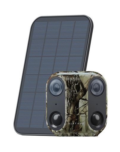 VIRTAVO 防犯カメラ 屋外 ソーラー ワイヤレス 充電式 迷彩監視カメラ 家庭用 WIFI 動体検知 カラー暗視 デュアルレンズ 双方向通話 MICROSD/クラウド録画